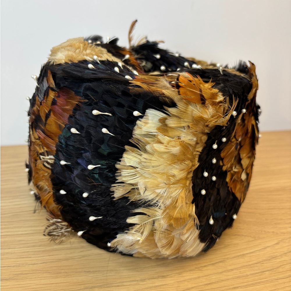Vintage 50s 60s Pheasant‎ Feathered Womens Hat Japan Pillbox MCM Cocktail Church